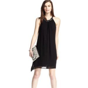 Max Studio Black Crepe Georgette Beaded‎ collar Halter Trapeze Dress XS N…